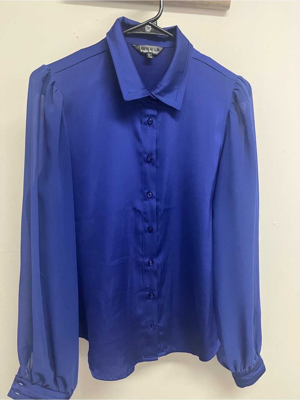 Nicole Miller Royal Blue Button-Down Sheer Sleeve Blouse